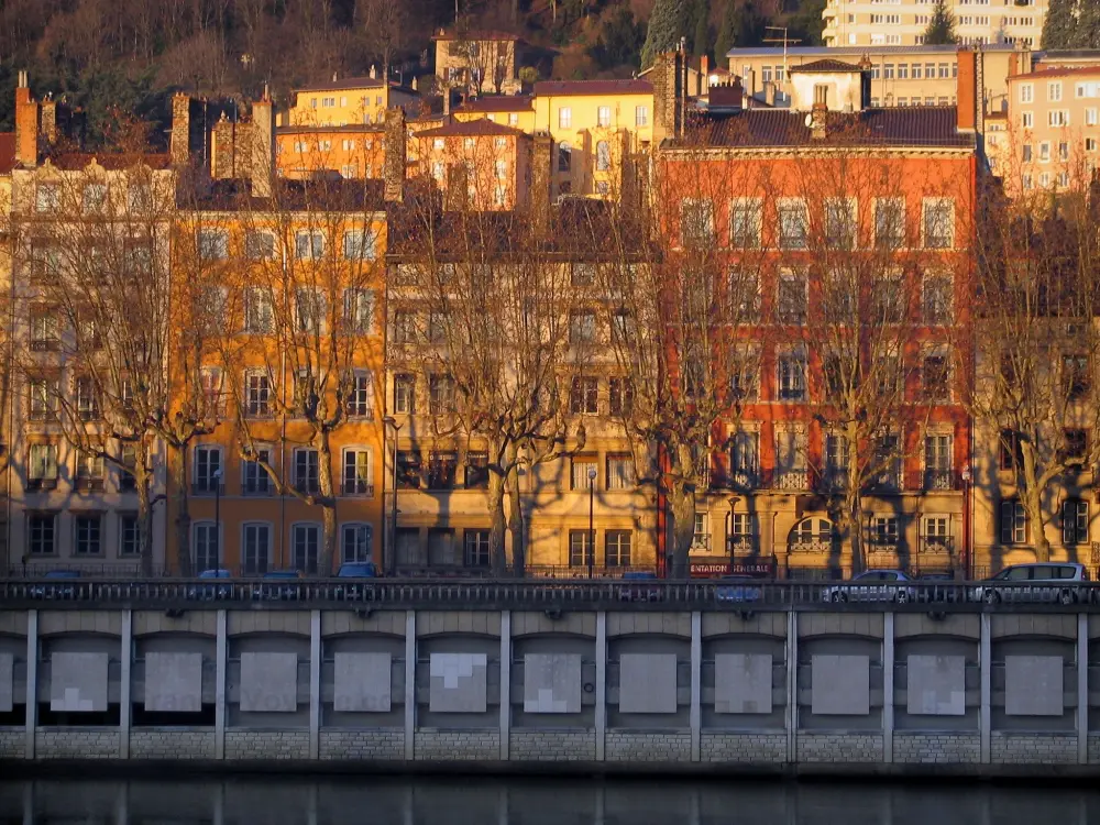 Lyon - Maisons aux façades colorées du Vieux Lyon, arbres et quai de Saône (fleuve)