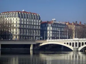 Lyon - The Wilson bridge, the Rhone river, the Jules Courmont quay and buildings of the Peninsula
