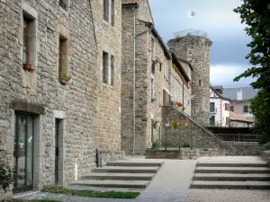 Le Malzieu-Ville - Turm Boden, mit Blumen geschmückter Brunnen und Steinfassaden des mittelalterlichen Ortes