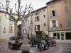 Manosque - Merchants Luogo: statua, caffetteria con terrazza, sicomoro (albero) e le facciate delle case del centro storico