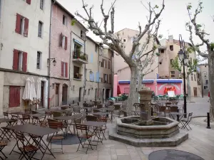 Manosque - Marcel Pagnol square: fountain, café terrace, plane trees and houses of the old town