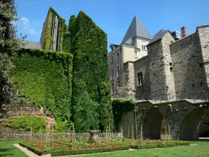 Le Mans - Bloemperken in de tuin Pierre de Ronsard, en voormalig paleis van de graven van Maine (Plantagenet koninklijk paleis) behuizing het gemeentehuis (mairie)