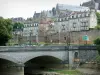Le Mans - Yssoir bridge spanning over River Sarthe, tower of the Roman wall, Saint-Julien cathedral, and facades of the old town