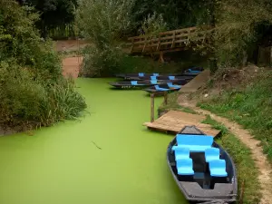 Marais poitevin - Marais mouillé : embarcadère, barques amarrées, conche (petit canal) de la Venise verte, à Maillezais