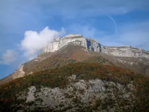 Massief van de Bauges - Regionale Natuurpark Massief van de Bauges: bergen met bomen en kalkstenen kliffen, wolken in de blauwe hemel