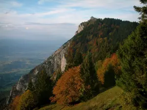 Massief van de Bauges - Regionale Natuurpark Massief van de Bauges: Mount Revard met bomen in de herfst en zijn standpunt (panorama)