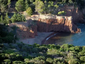 Massif de l'Estérel - Maquis, plage (crique), mer méditerranée, roches rouges (porphyre) et arbres