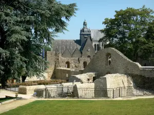 Mayenne - Châtelet de la haute cour du château, avec vue sur la basilique Notre-Dame en arrière-plan