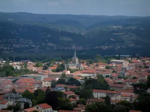 Mazamet - View of houses, church and buildings of the city, hills covered with forests