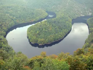Méandre de Queuille - Vue sur le méandre (boucle) formé par la rivière Sioule et les rives boisées (arbres, forêt)