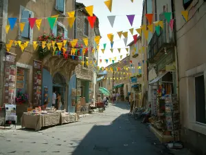 Ménerbes - Rue du village avec des maisons, des boutiques et des petits drapeaux colorés