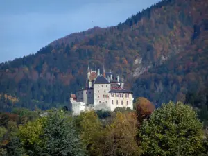 Menthon-Saint-Bernard castle - Castle dominating Lake Annecy with trees and forest with autumn colours