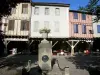 Mirepoix - Medieval bastide town: fountain and house facades on the central square (place des couverts)