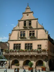 Molsheim - La Metzig (édifice Renaissance à pignons chantournés) avec fenêtres et balcon ornés de fleurs