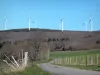 La Montagne Noire - Montagne Noire: Éoliennes, forêt et petite route bordée de prés clôturés