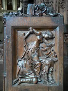 Montbenoît abbey - carved details of the wooden panelling in the abbey church