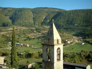 Montbrun-les-Bains - From the village, view of the church tower and the surrounding hills, in Drôme Provençale