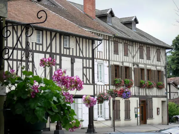 Montier-en-Der - Marcos de madera y las casas y flores de la pequeña ciudad en el Pays du Der