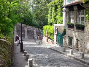 Montmartre - Geplaveide straat en de huizen van de heuvel van Montmartre