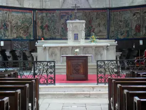 Montpezat-de-Quercy - Inside Saint-Martin collegiate church: choir and Flemish tapestries (wall hangings of Flanders) about the life of St. Martin 