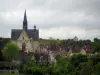 Montrésor - Collegiate church of Gothic style, houses of the village, trees and cloudy sky