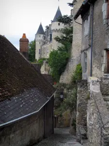 Montrésor - Ruelle en pente du village, maisons et château Renaissance