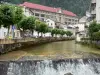 Morez - Rivier Biel, lijn van bomen, huizen en gebouwen van de stad in het Regionale Natuurpark van de Haut-Jura