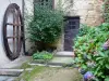 Moulin Richard de Bas - Site du moulin à papier : porte d'entrée d'un bâtiment et arbustes en fleurs ; sur la commune d'Ambert, dans le Parc Naturel Régional Livradois-Forez