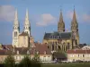 Moulins - Flèches de la cathédrale Notre-Dame et de l'église du Sacré-Coeur, donjon de la Mal Coiffée (tour de la Mal Coiffée) et façades de la ville