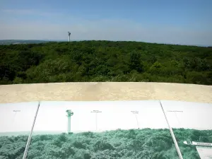 Mount Avaloirs - Avaloirs belvedere, in the Normandy-Maine Regional Nature Park: viewpoint indicator at the top of the belevedere the belevedere of Mount Avaloirs with a view of the Multonne forest and the television relay