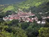 Mouthier-Haute-Pierre - Torre de la iglesia y las casas en las aldeas, prados y árboles en el valle del Loue