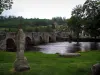 Moutier-d'Ahun - Pelouse en premier plan, pont roman enjambant la rivière (la Creuse), clocher de l'église, arbres et maisons du village