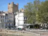 Narbonne - Gilles Aycelin keep (Archbishops' palace), facades of the old town, plane tree, Promenade des Barques and Robine canal