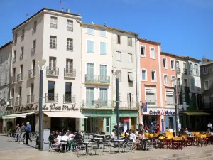 Narbonne - Café terraces, shops and facades of the Place de l'Hotel de Ville square