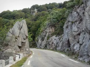 Nationalpark der Cevennen - Gebirgsstrasse gesäumt von Felsen und Bäumen; im Agioual-Massiv