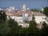 Nîmes - Vista de la torre del campanario de Notre-Dame y San Castor, casas y edificios de la ciudad, los árboles en primer plano