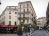 Nîmes - Edificios, terraza cafetería y palmeras de la ciudad
