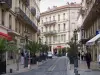 Nîmes - Rue commerçante bordée de palmiers en pots, de boutiques et d'immeubles