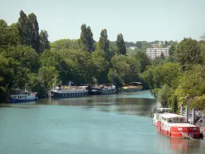 Nogent-sur-Marne - Houseboats on the Marne river lined with trees