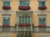 Obernai - Colorida fachada del ayuntamiento (alcaldía), con miradores y ventanas adornadas con flores (geranios)