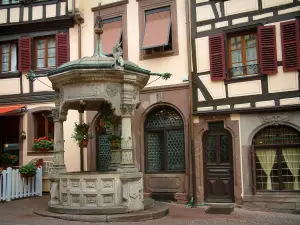 Obernai - Puits à six seaux de style Renaissance et maisons à colombages