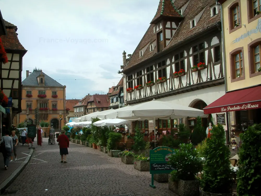 Obernai - Rue pavée avec maisons à colombages aux fenêtres décorées de fleurs (géraniums), terrasse de restaurant et hôtel de ville (mairie) en arrière-plan
