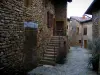 Oingt - Mittelalterliches Dorf mit gepflasterter Gasse, gesäumt mit Häusern aus Stein, im Pays des Pierres Dorées (Pays Beaujolais)