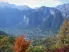 Oisans - Alberi in autunno colori in primo piano con vista sulla valle Romanche, Le Bourg-d'Oisans e le montagne