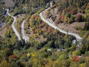 Oisans - Camino de Alpe d'Huez: sinuosa carretera bordeada de árboles en otoño los colores