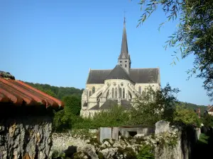 Orbais-l'Abbaye - Église abbatiale Saint-Pierre-Saint-Paul de style gothique, mur et branches d'arbre en premier plan