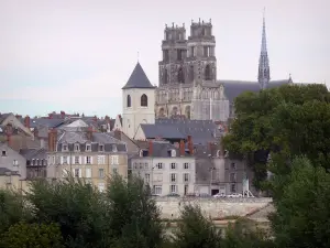Orléans - Towers of the Sainte-Croix cathedral (Gothic building), bell tower of the Saint-Donatien church, houses and buildings of the city, Loire river and trees