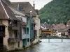 Ornans - Maisons au bord de l'eau, passerelle enjambant la rivière Loue