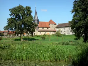 Paesaggi della Marne - Village Giffaumont-Champaubert nei Pays du Der: Giffaumont chiesa, casa a graticcio, prati, alberi, canne e ninfee
