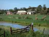 Paisagens da Normandia - Parque Natural Regional dos pântanos Cotentin: canal, prado na beira da água com palheiros e casas